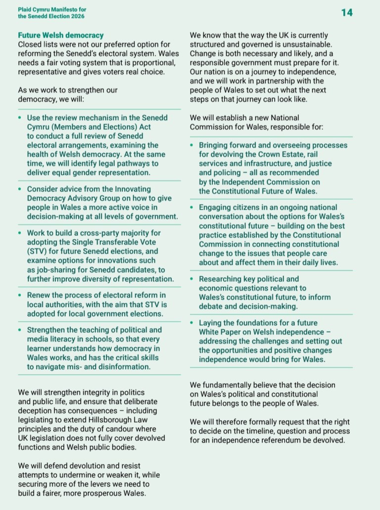 Plaid Cymru’s 2026 manifesto commits to upgrading Wales’ voting system ...